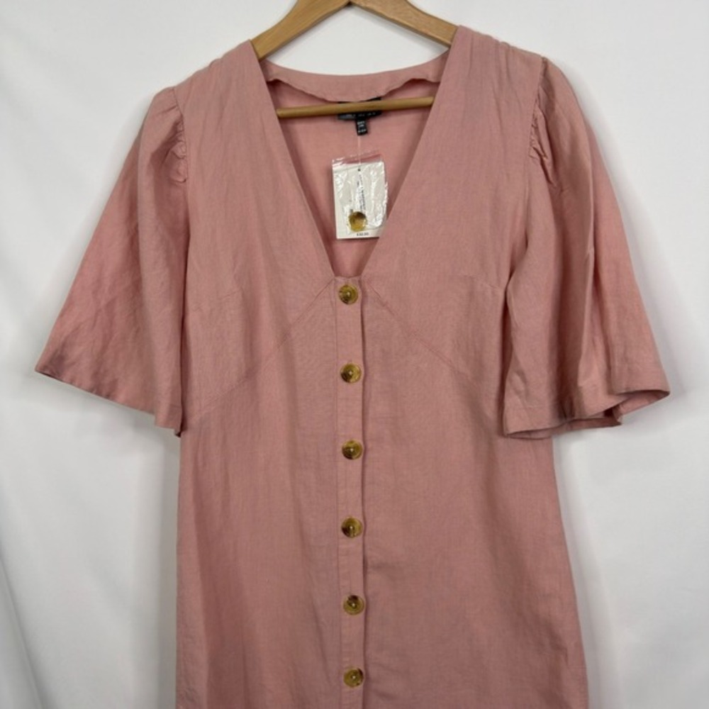 TOPSHOP Pink Linen Blend Button Front Flutter‎ Sleeve Mini Dress Size US 6 - Picture 4 of 8